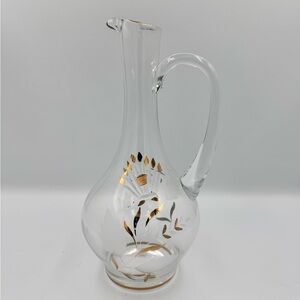 Vintage Hand Blown Glass Pitcher Applied Handle Etched with Gold Gild